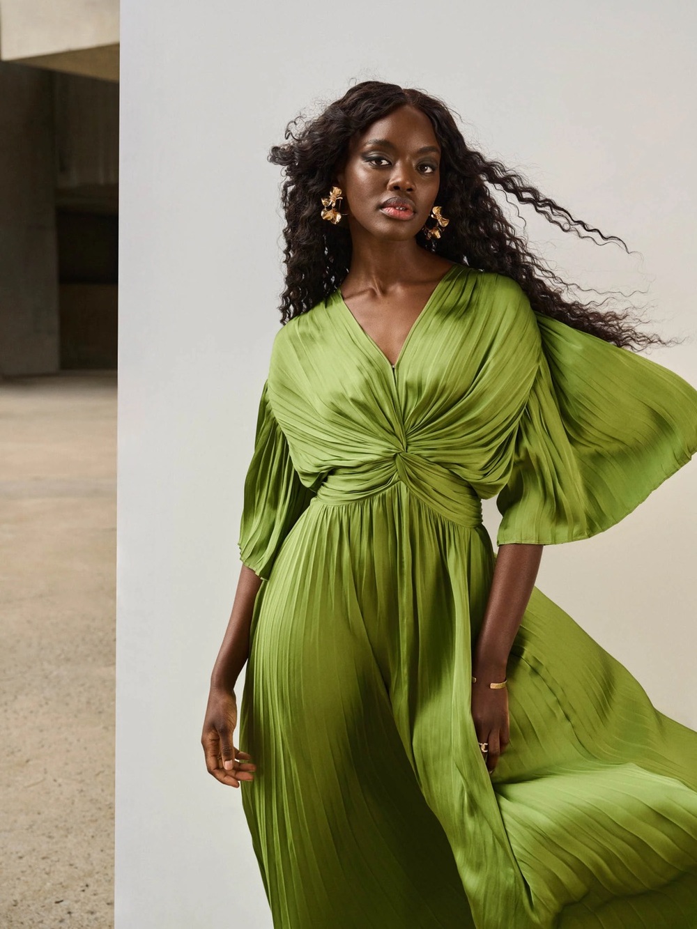 Joseph Ribkoff Pleated Satin Midi Dress — Greenery (Small) - Picture 3 of 9